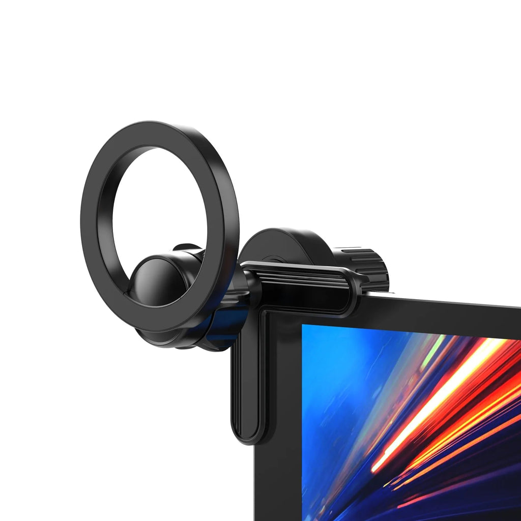 Black plastic magnetic ring phone holder attached to vehicle display screen with universal base and ring magnet