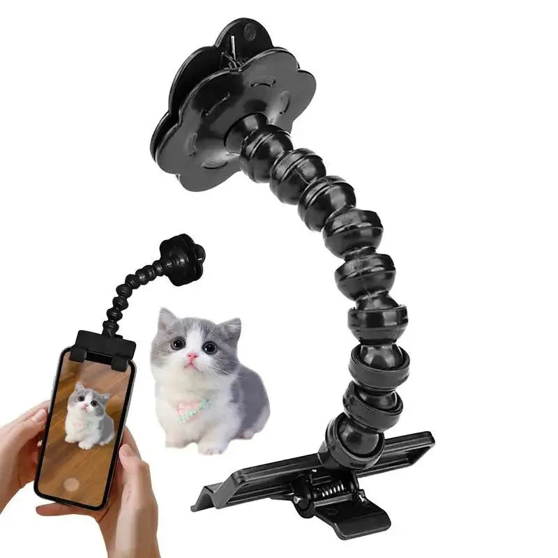 Black pet selfie stick with rotating snack clip attached to mobile phone for animal photography
