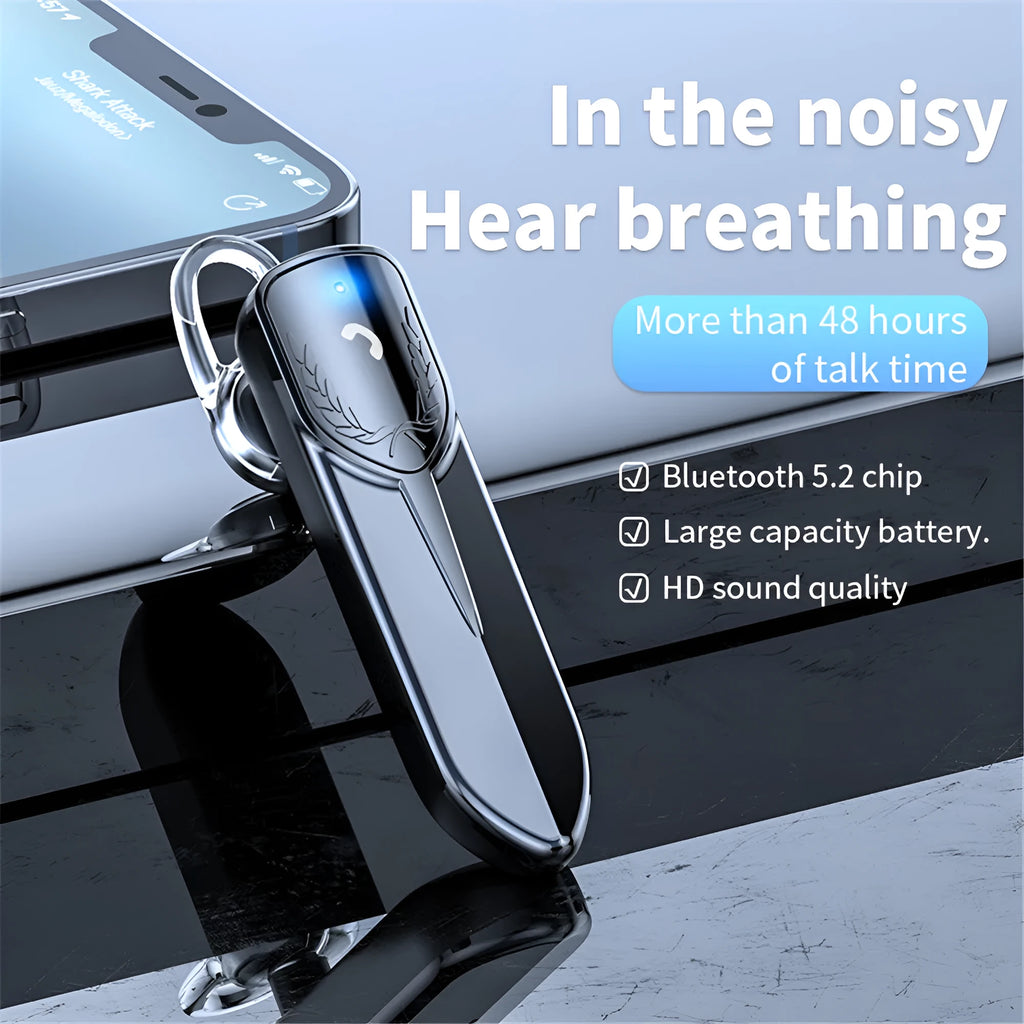 Single-ear Bluetooth V5.2 headset in black, white, silver, gold, or pink, 67x24x17mm, with 300mAh battery and charging cable.