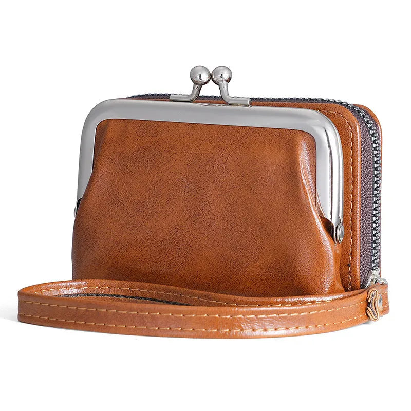 Ladies leather coin purse with a metal buckle clip, shown in coffee colour
