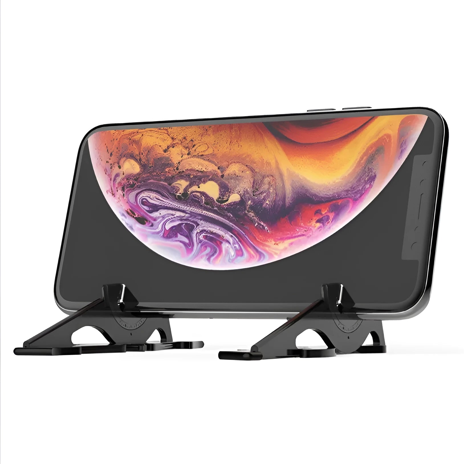 Black plastic card type mobile phone holder on desktop surface