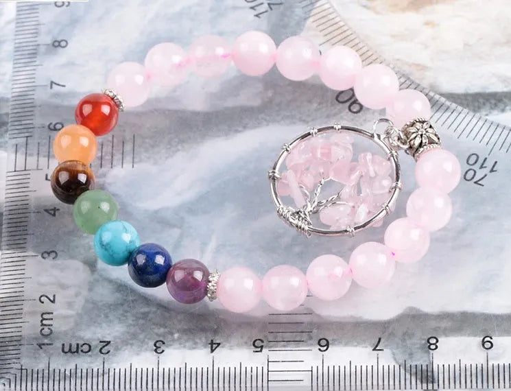 Natural powder crystal beaded bracelet with copper fittings, eight-millimetre beads, seven chakras colour, inner circumference 18.8 cm