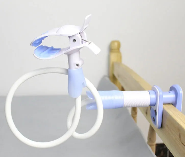 Extended baby feeding bracket with 1.05 metre pole in blue and pink colours