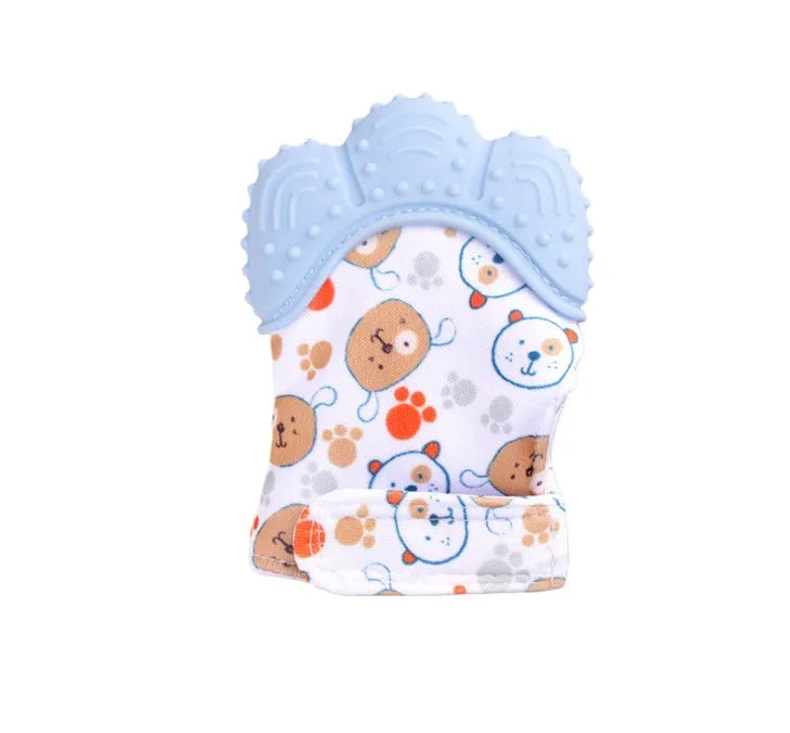 Silicone baby teether glove with Velcro strap in blue colour