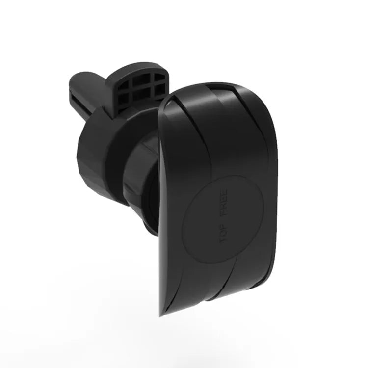 Black magnetic car phone holder mounted on car air vent with phone attached