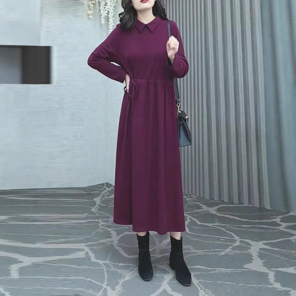 Purplish red plus size winter dress with extra long sleeves for women