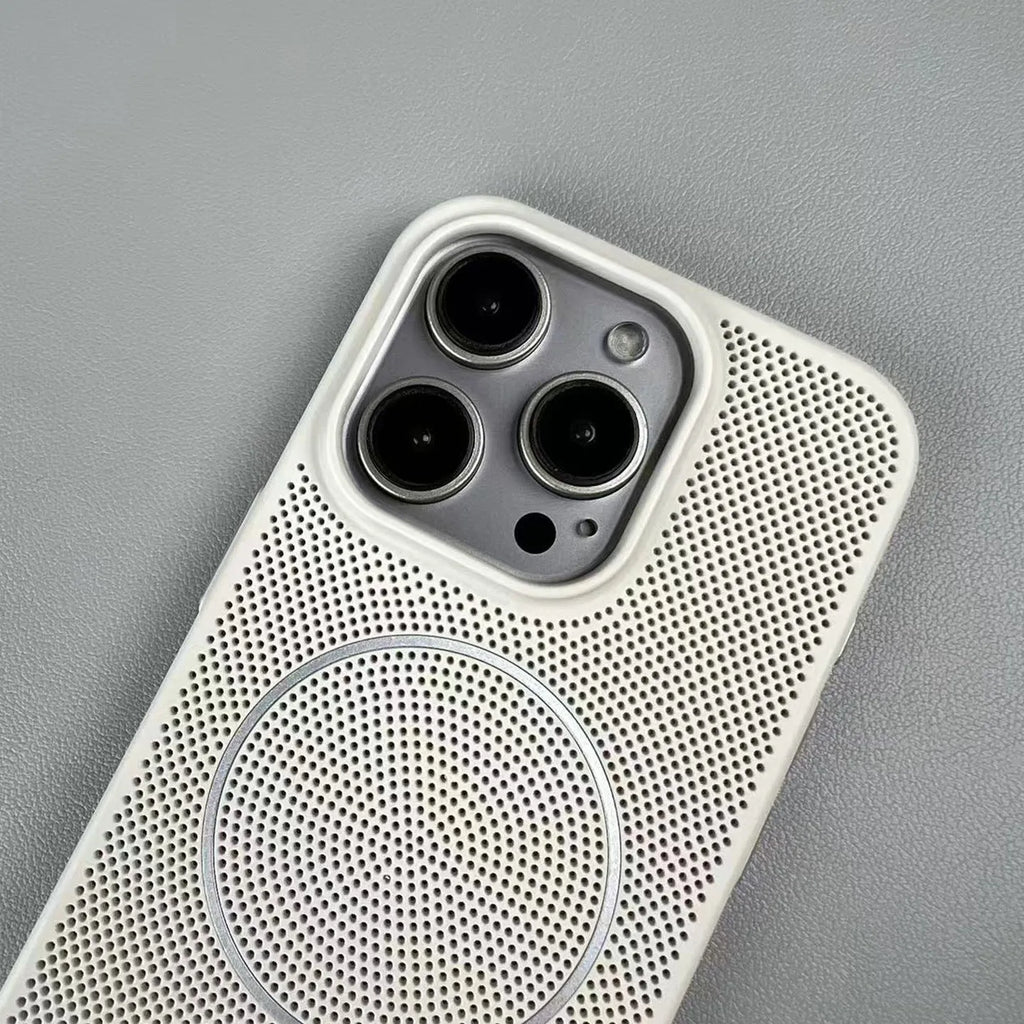 Green frosted magnetic hard phone case for iPhone, showing shockproof and heat dissipation features.