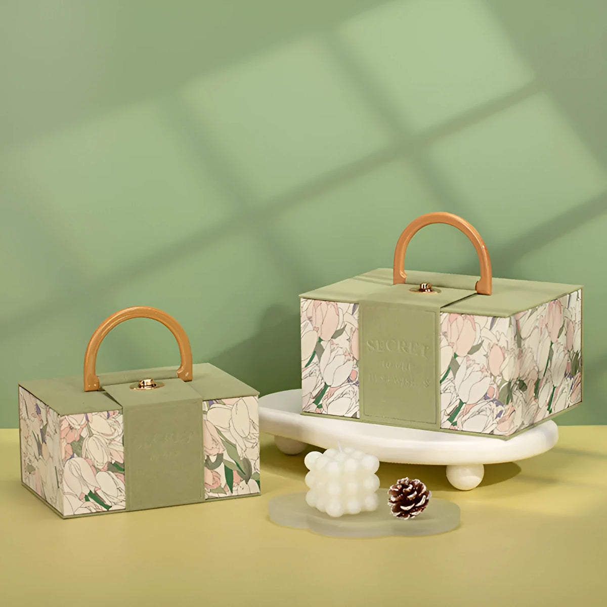 French tulip flannel cloth cosmetic case in red, shown with gift box packaging