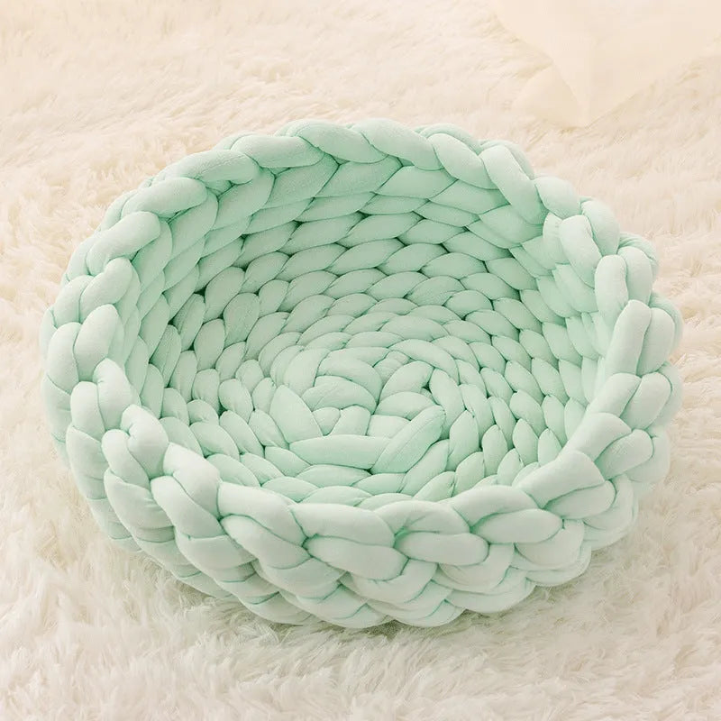 Round plush cat bed in grey with long plush surface, 30-60cm size options, warm winter pet nest