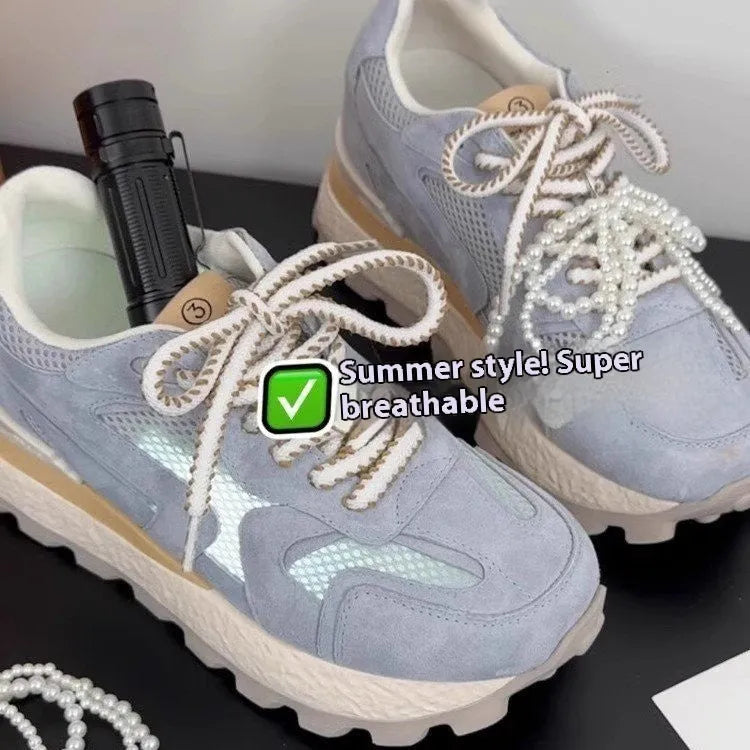 Women's height increasing platform sneakers in blue with synthetic leather upper, round toe, front lace-up, rubber sole