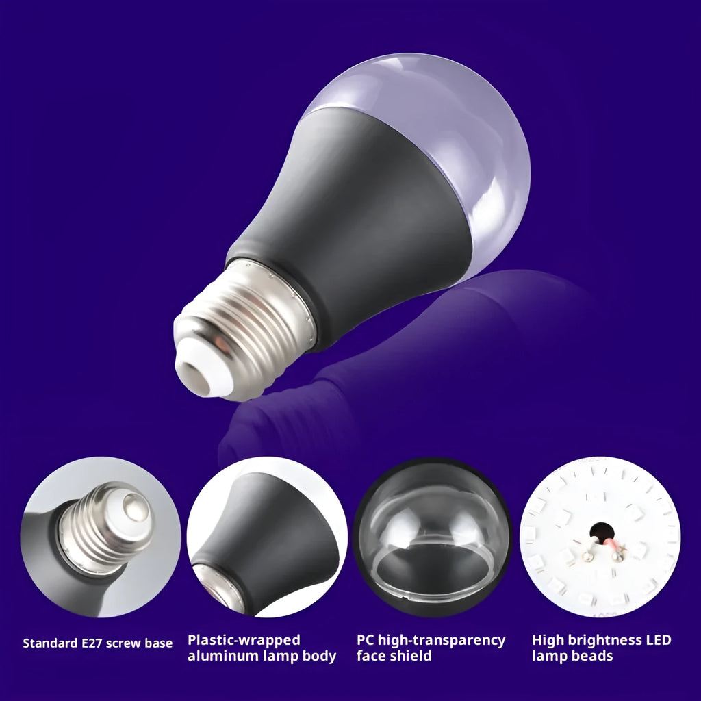 A19 purple LED light bulb with UV violet fluorescence, 12W super bright, IP44 rated