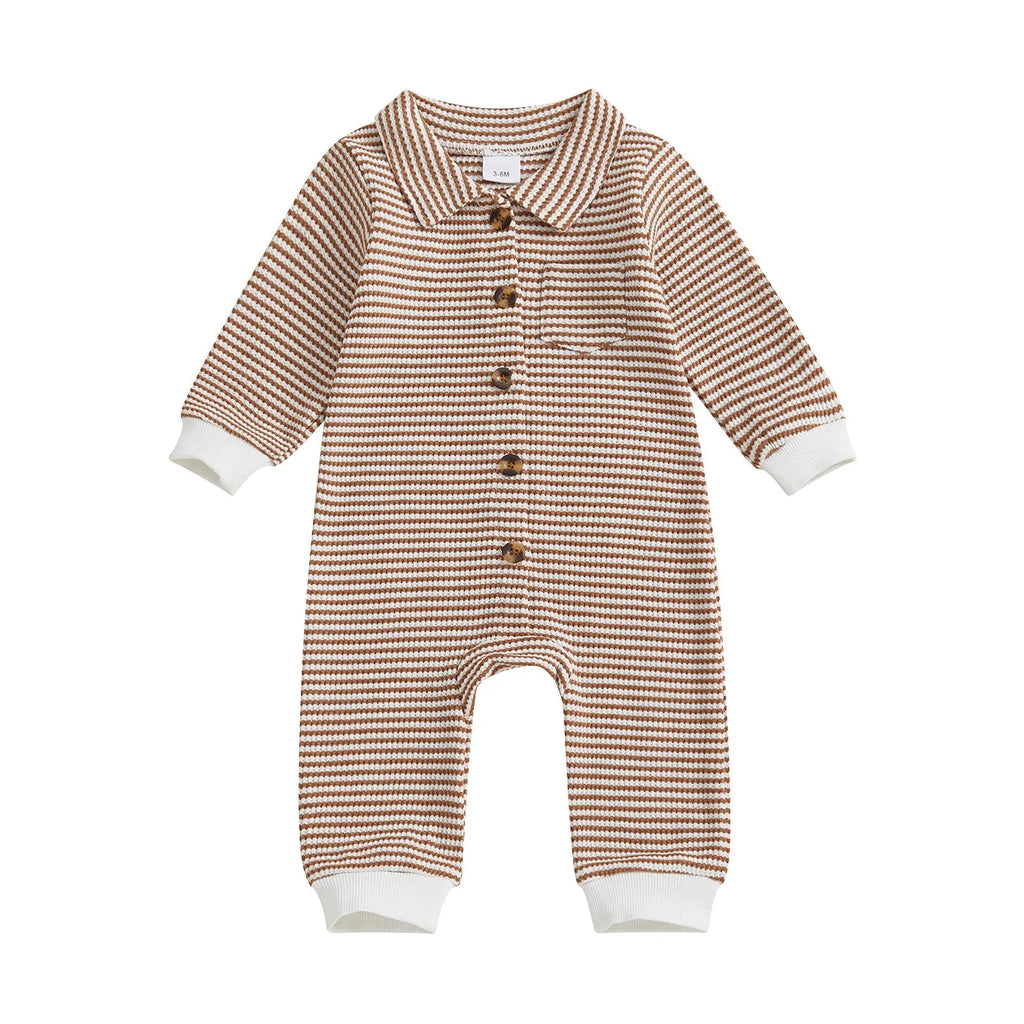 Babies cotton waffle front-open single-breasted long sleeve jumpsuit in light gray