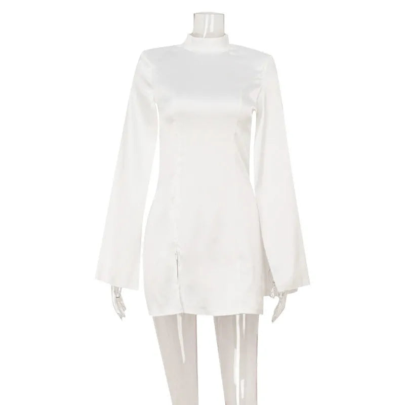 Women's solid colour white dress with high neck split and flared three-quarter sleeves, pencil skirt short length