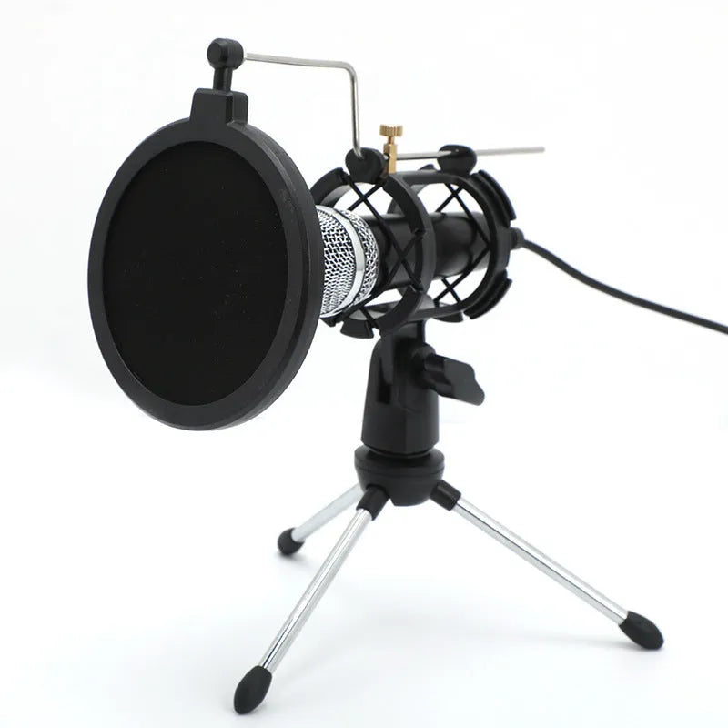 Black mini condenser microphone mounted on aluminium stand with 3.5mm and USB cables for live broadcasting