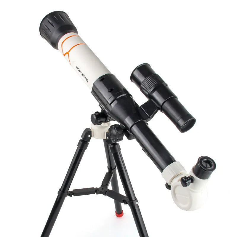 White and yellow kids astronomical telescope with tripod stand showing 150X magnification for youth education
