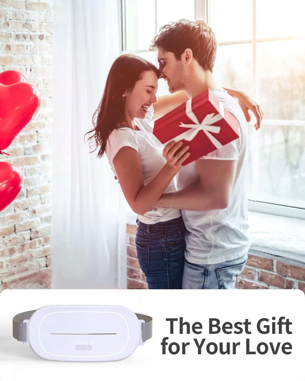 A white, cordless uterine warming device with soft silicone pads and a magnetic charging cable.