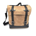 Black canvas motorcycle side bag with cowhide top showing 300x280x150mm dimensions