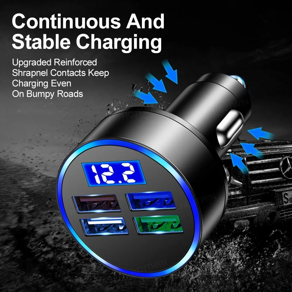 Black four-port USB car charger with cigarette lighter plug for 12V sockets.