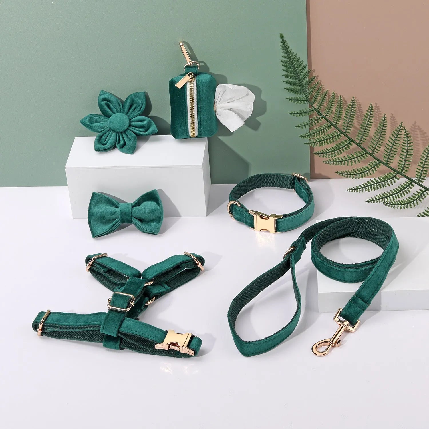 Soft velvet dog collar and leash set with chest strap, bow tie, and flower in assorted colours.