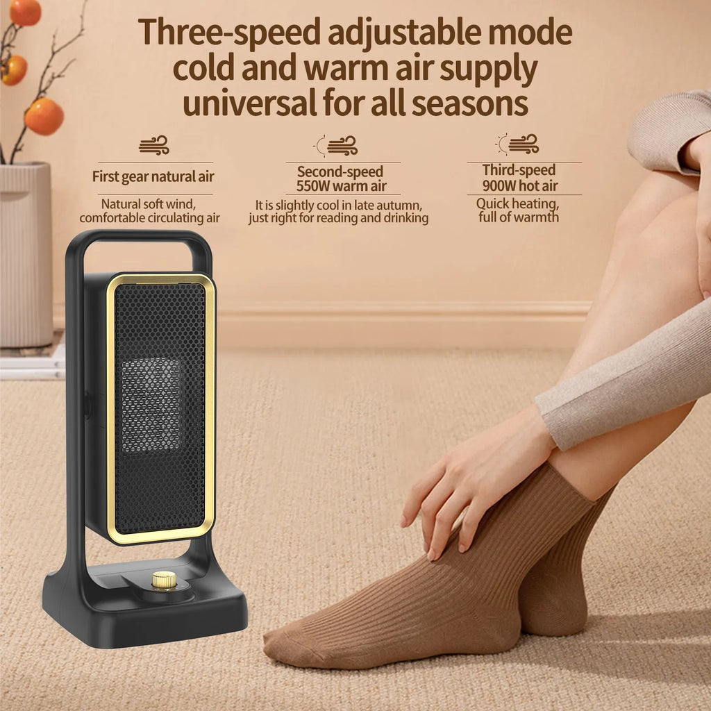 Black HQ-500A desktop PTC ceramic heater showing compact design with control knob