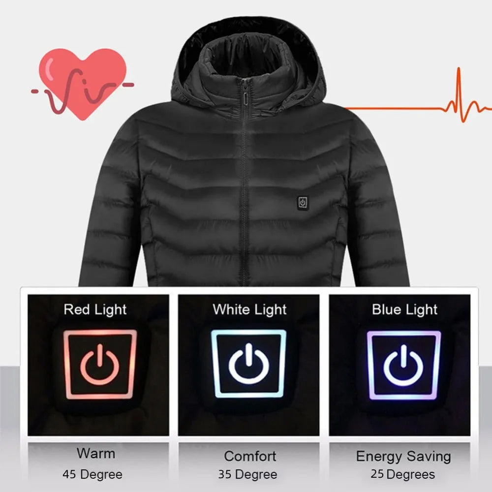 Men's USB heated jacket with detachable hood, shown in black, featuring zip-up front and elastic cuffs.