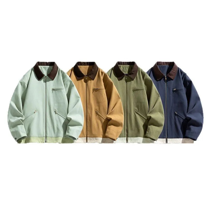 Man wearing a mint green loose fit polyester couple jacket with contrast lapels and side seam pockets.