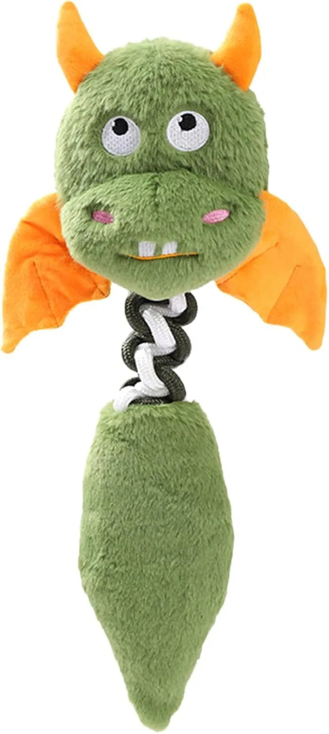 Large black plush dog toy with a rope knot, showing cartoon shape and soft texture.