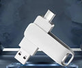 Silver rotating metal USB flash drive showing both USB and Type-C connectors