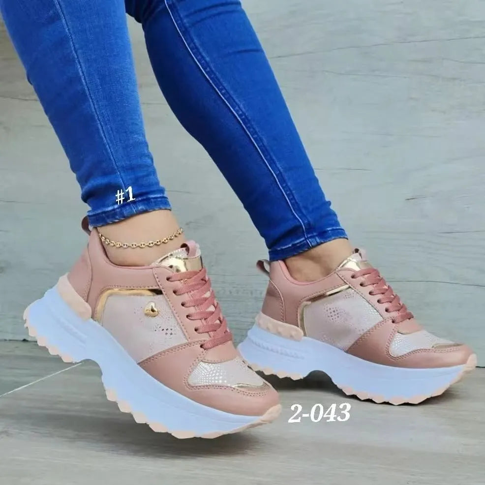 Women's heel lift sneakers with height increase, artificial PU upper, round toe, solid colour, available in black white pink apricot