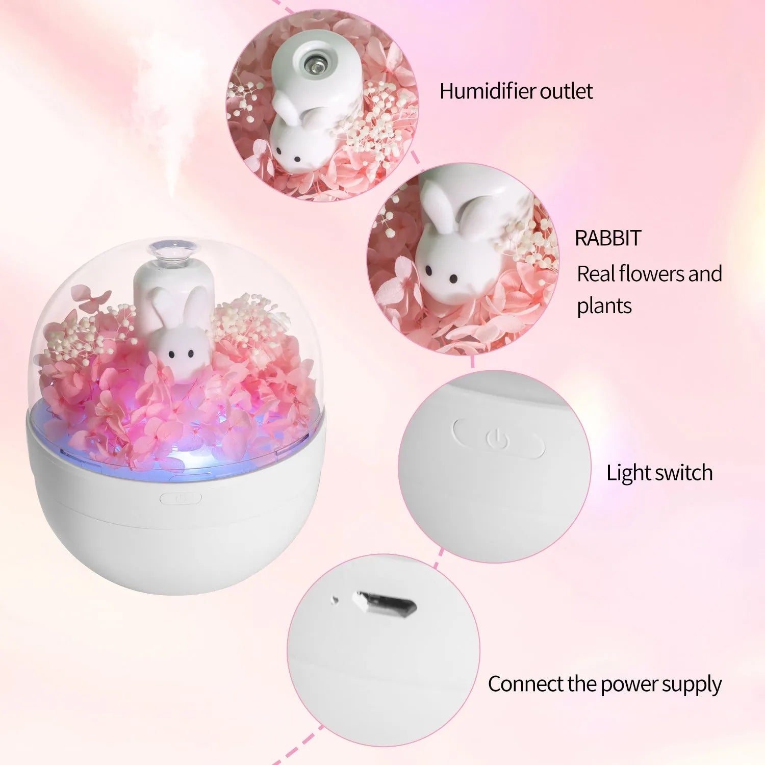 Pink rabbit-shaped aromatherapy humidifier with preserved flower decoration on bedside table