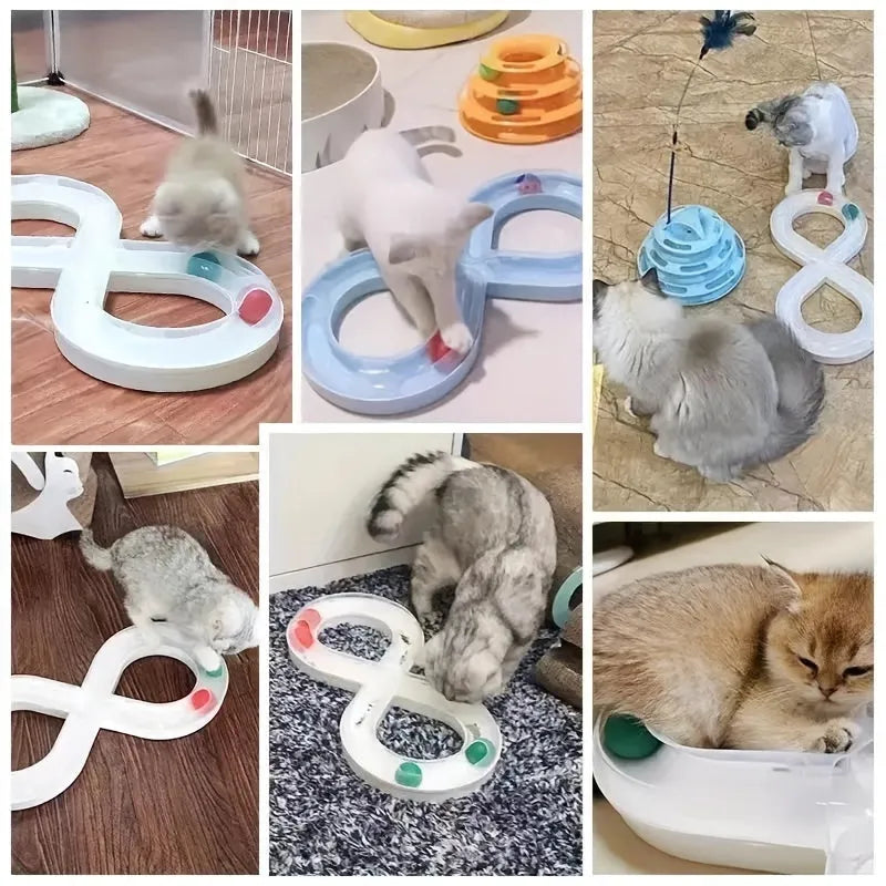 Interactive cat turntable toy with track balls and teasing stick on 50cm base