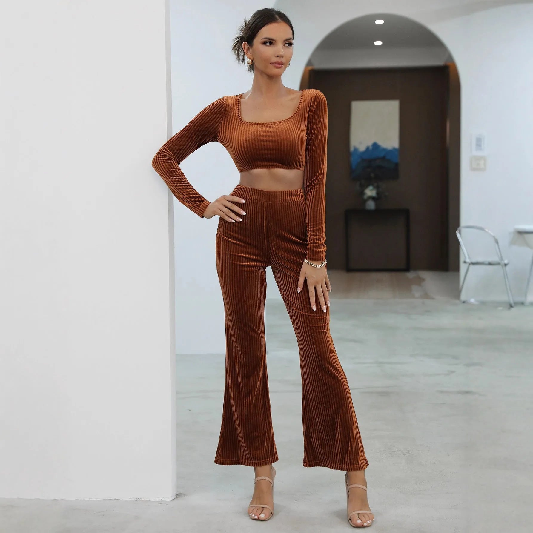 Women's caramel coloured long sleeve sweater and matching trousers casual set