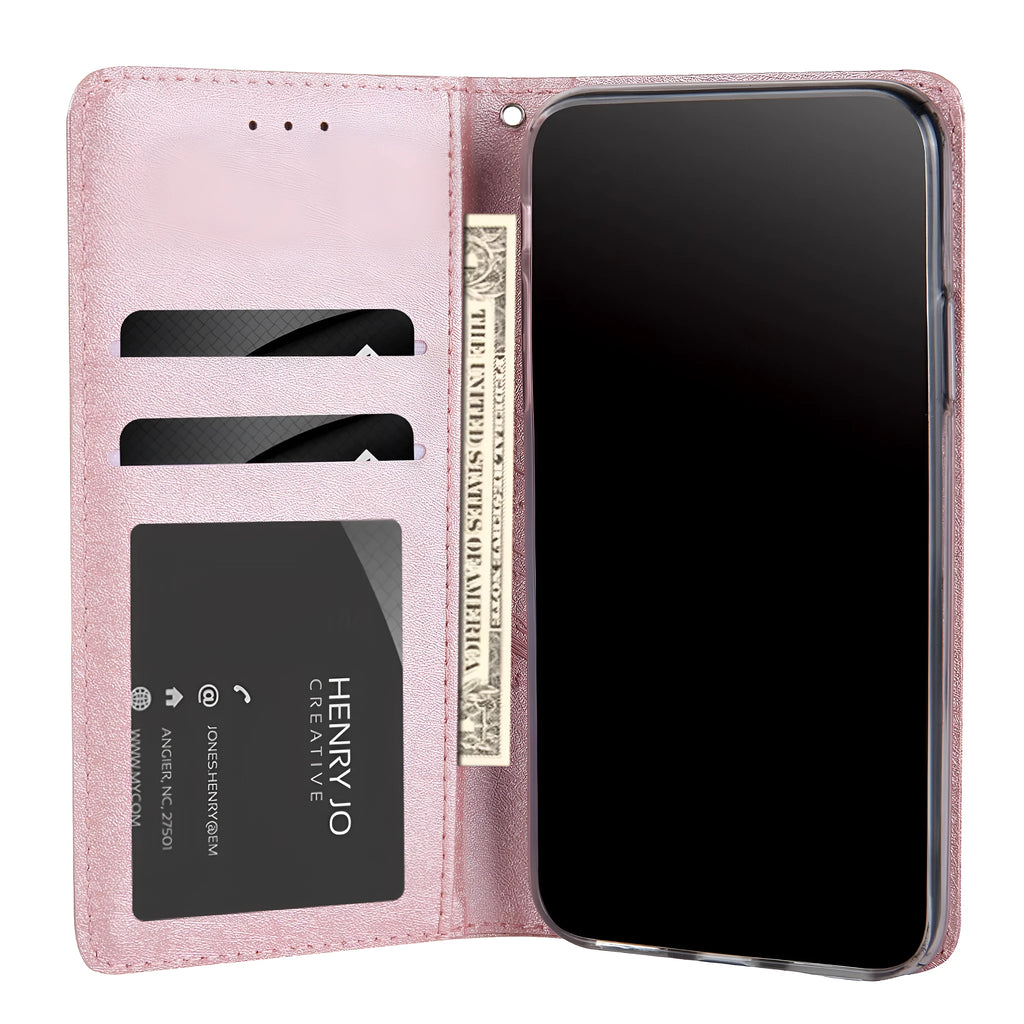 Black PU leather flip case for iPhone shown open, revealing interior card slot and phone cradle.