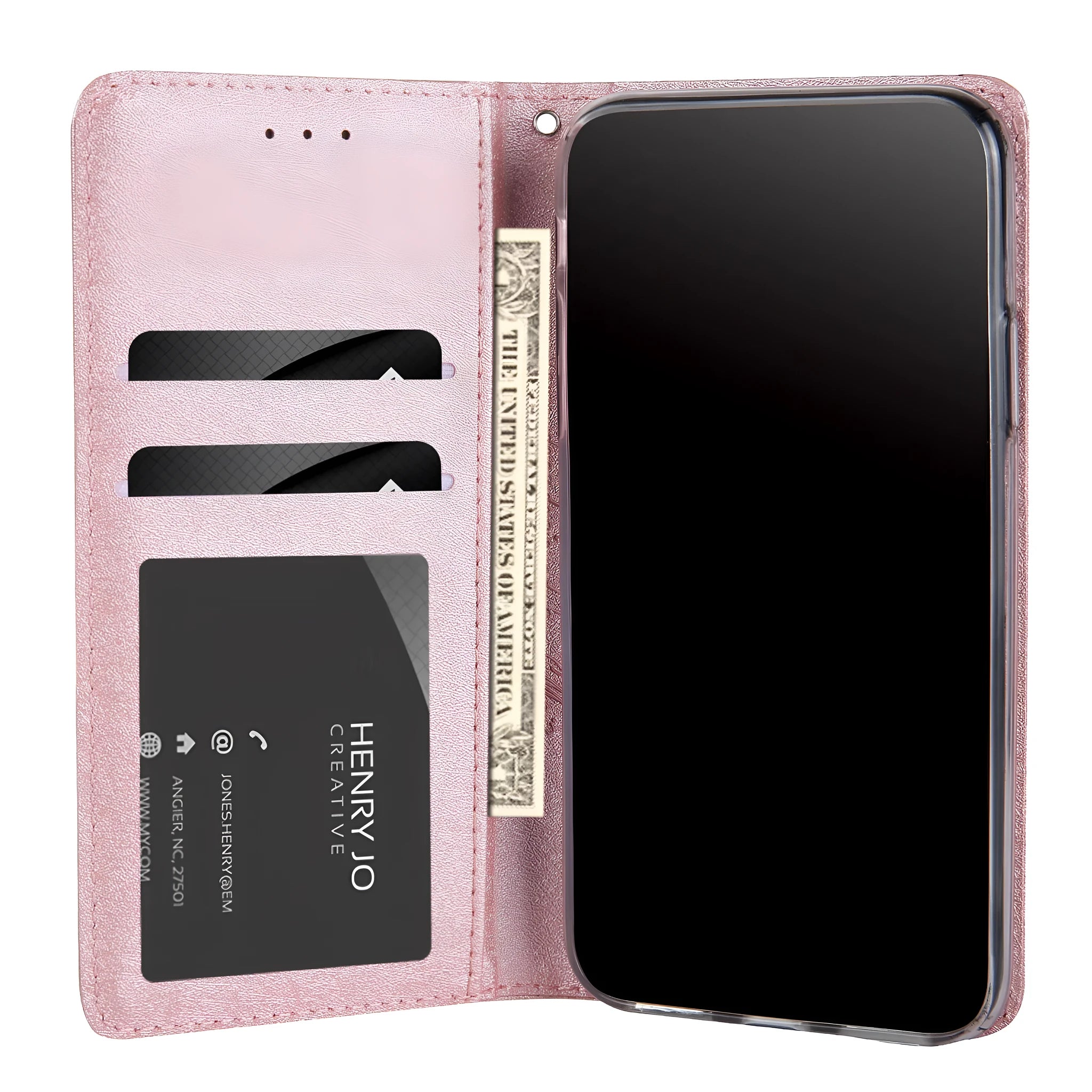 Black PU leather flip case for iPhone shown open, revealing interior card slot and phone cradle.