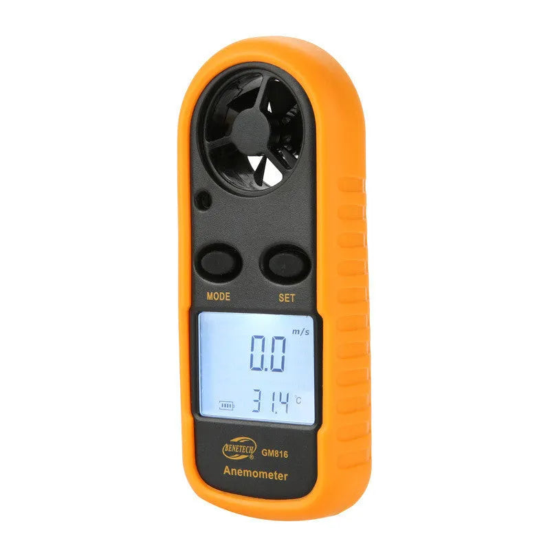 Biaozhi GM816 orange digital handheld anemometer showing wind speed display