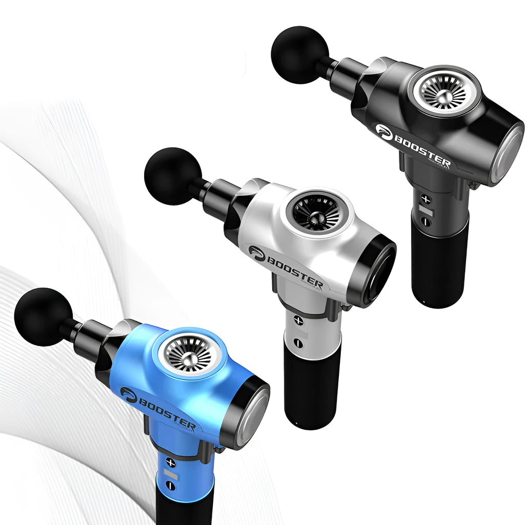 Black and white muscle massage gun with adjustable speed settings for deep tissue relief.