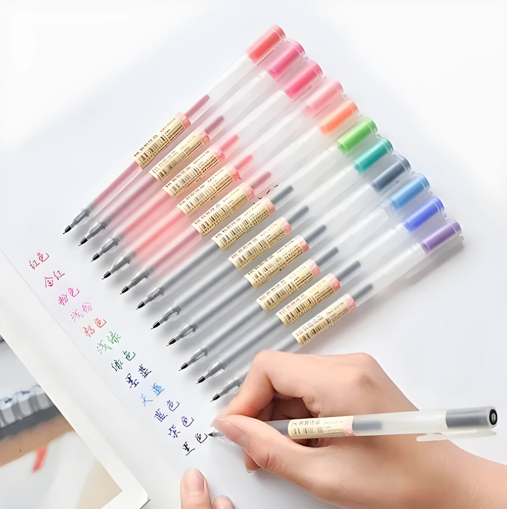 Muji 12 piece gel pen set with 0.5mm fine nibs showing blue pen barrels.