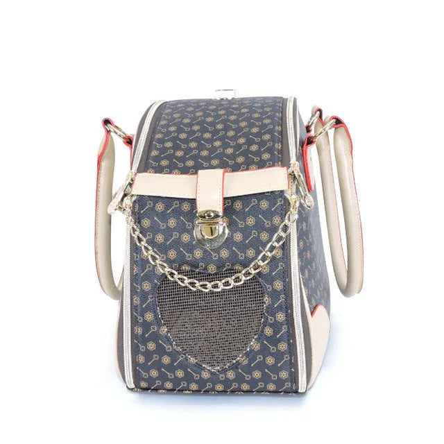 PU pet carrier bag for small dogs and cats, 8 kg max, shown in white and brown with S and L size options