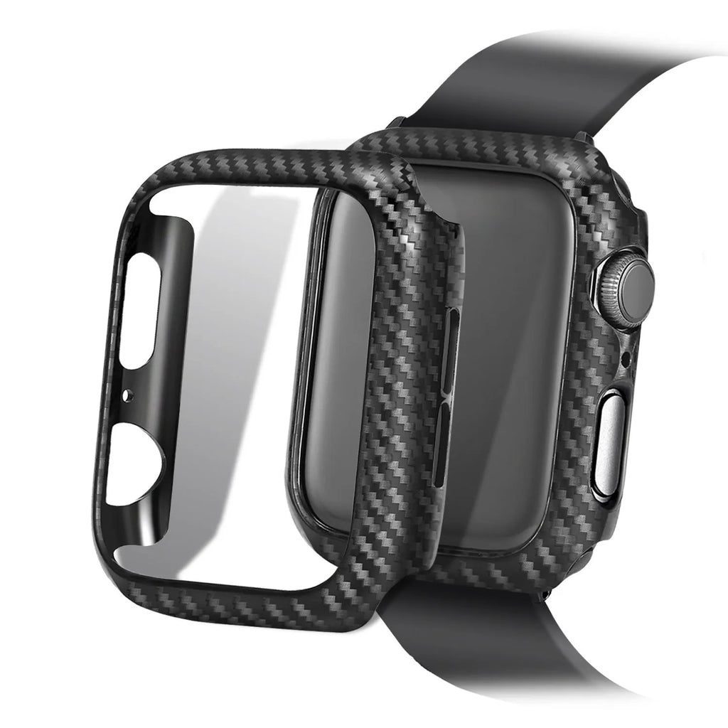 Carbon fibre and leather Apple Watch strap on a PC hard shell case, showing red, black, orange, and blue colour options.