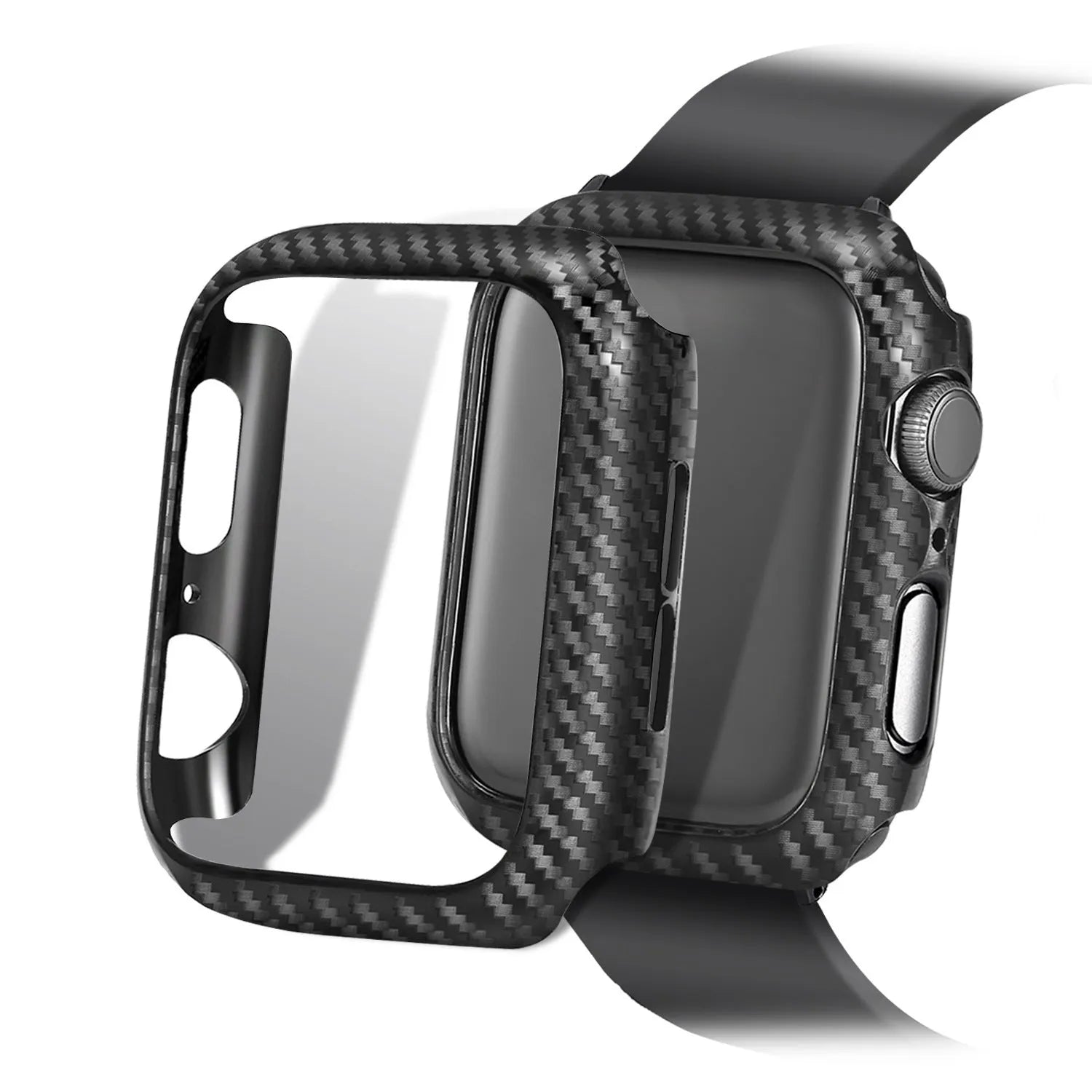 Carbon fibre and leather Apple Watch strap on a PC hard shell case, showing red, black, orange, and blue colour options.