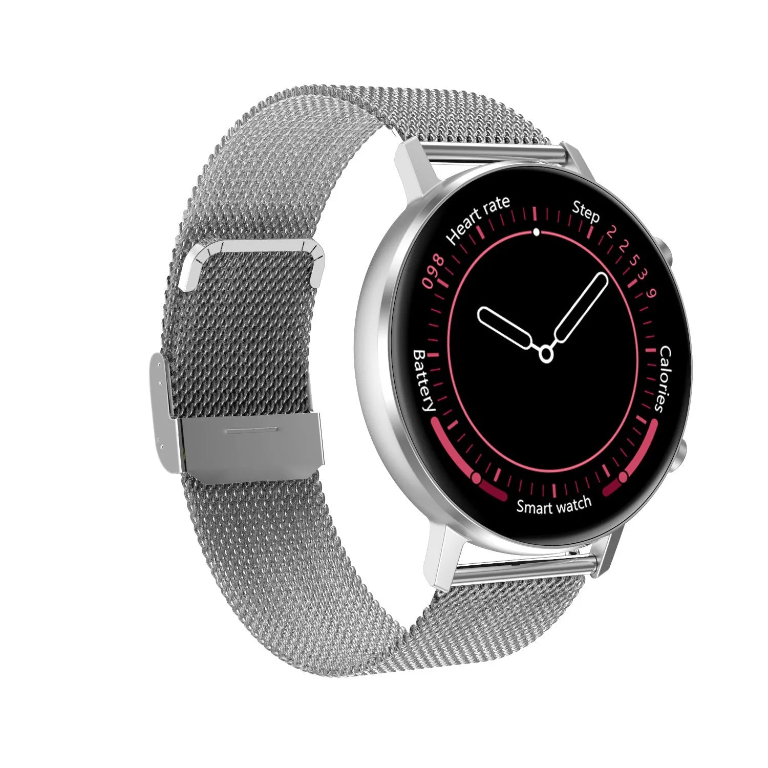 DT96 smart bracelet with metallic strap shown in black, rose gold, and silver colour options.