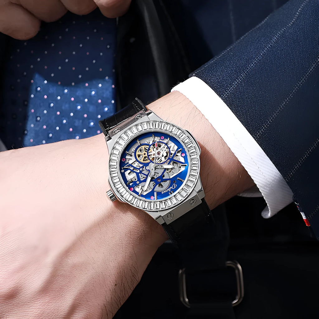 Men's automatic mechanical watch with hollow movement and diamond accents on white shell case