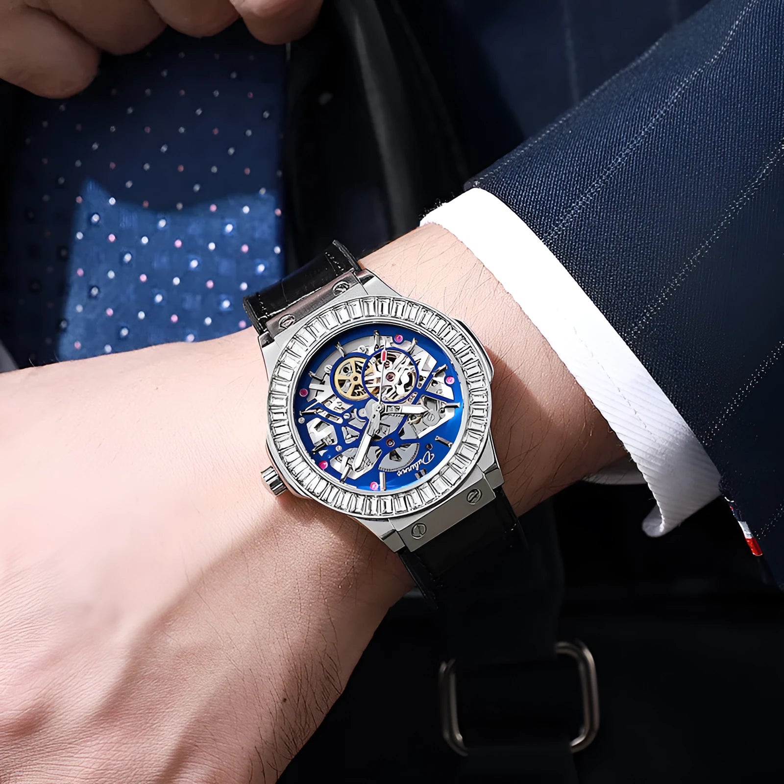 Men's automatic mechanical watch with hollow movement and diamond accents on white shell case