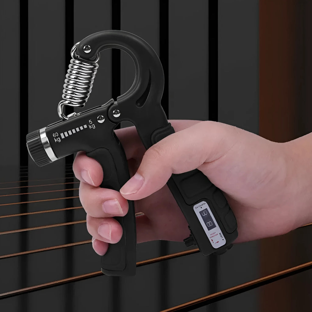 Adjustable spring grip strength trainer seven-piece set including five finger trainer and egg shaped device in black plastic