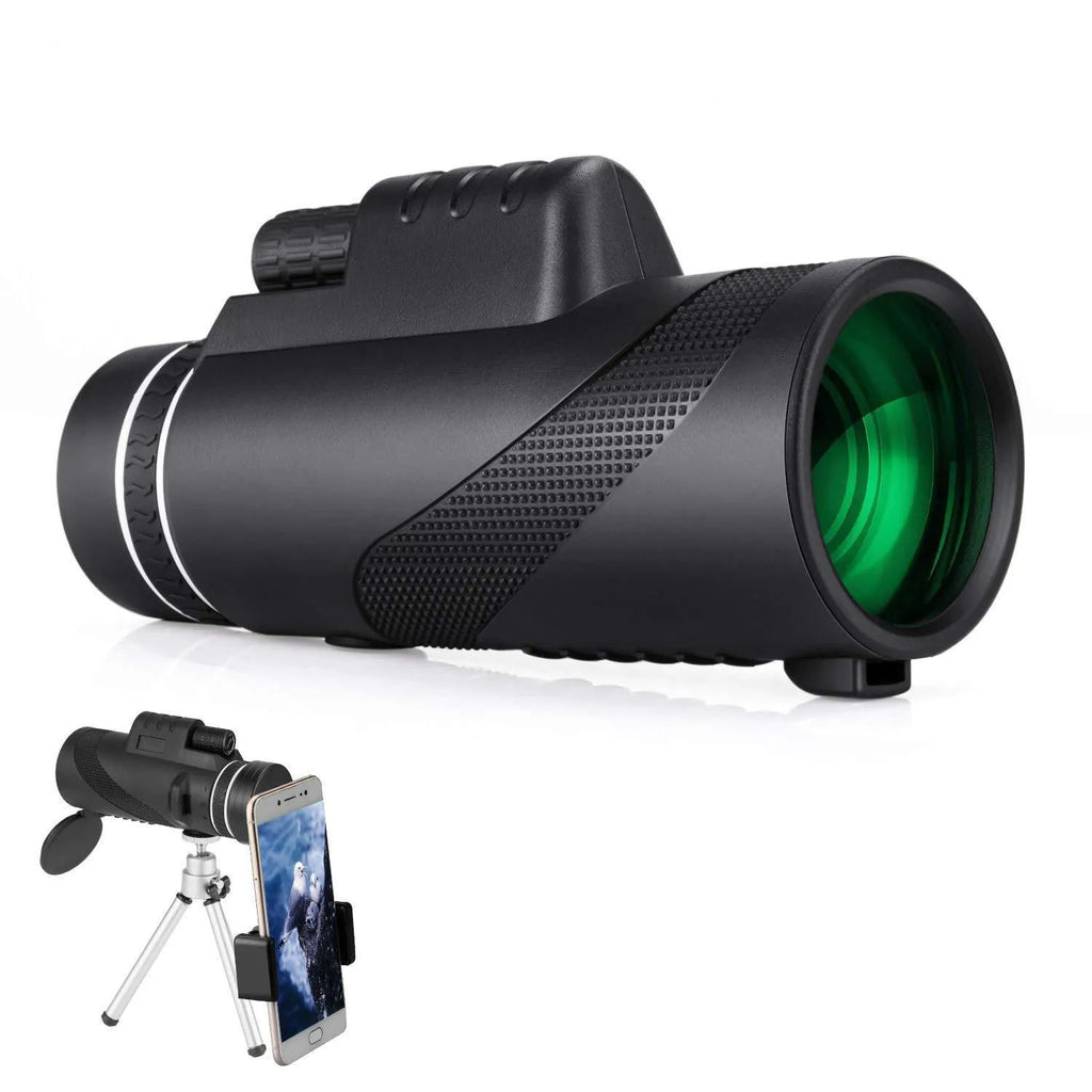 Black 40x60 smartphone monocular telescope with mounting adapter on a phone for HD observation.