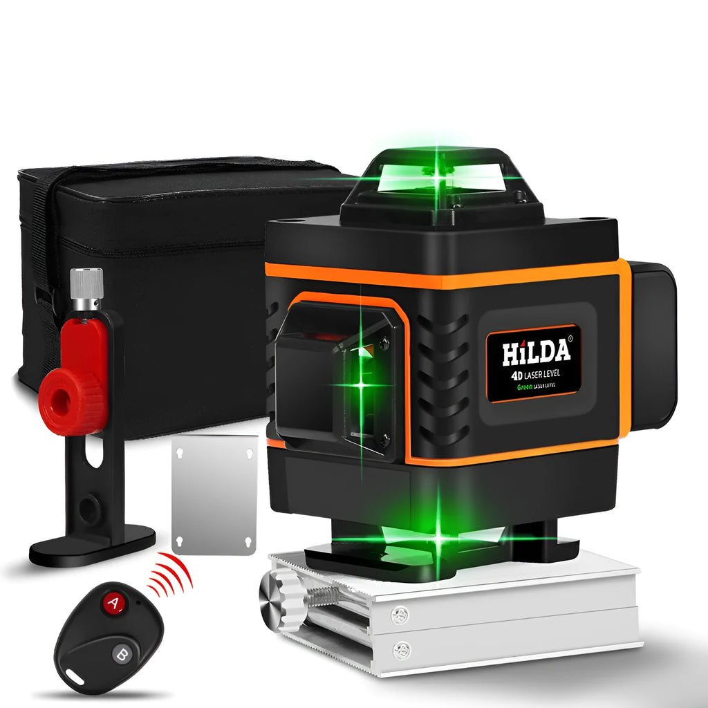 Rotating laser level with orange display showing 16 levelling lines and charging port