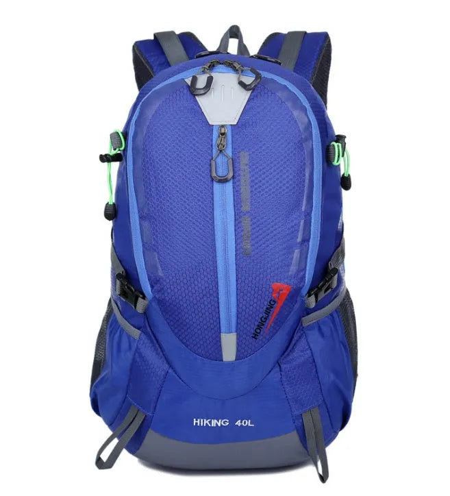 16 inch nylon mountaineering backpack with double straps, soft handle, open outer pocket, and six colour options