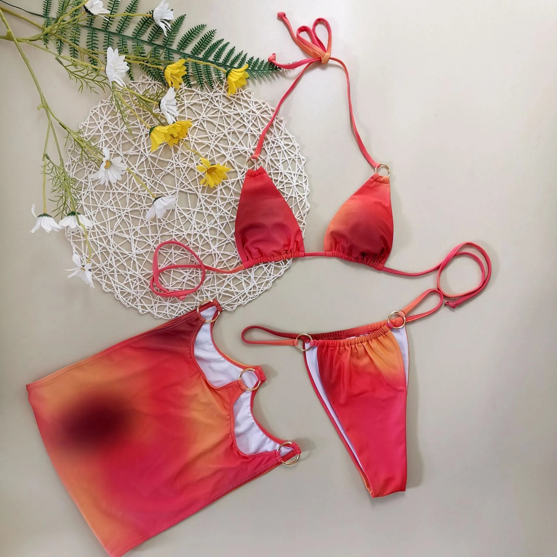 Solid colour tie-dye gradient three-piece halter bikini swimwear set with skirt