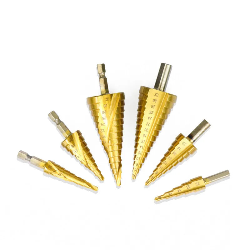 Cone drill bit punch set with high speed steel step drills and centre punch for metalworking applications
