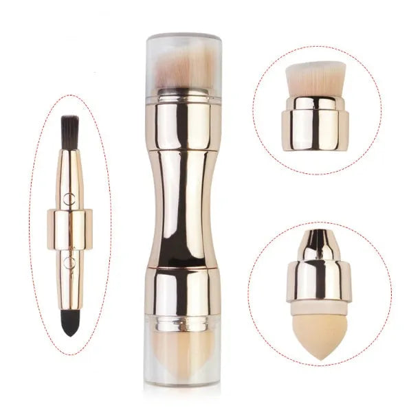 Four-in-one retractable makeup brush with gold handle and four brush heads on a white background